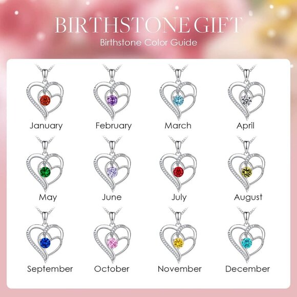 Birthstone Heart Necklace for Women 18K White Gold Silver Cubic Zirconia Gift - Picture 5 of 6